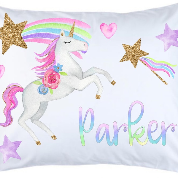 Girl custom unicorn pillowcase personalize pillow case rainbow pillowcase stars pillowcase pillow glitter pillowcase