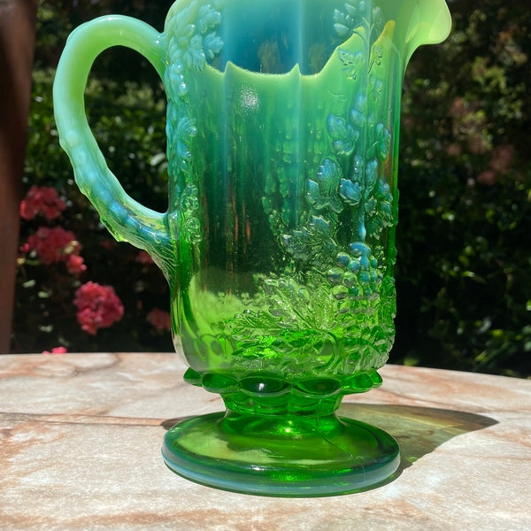 Unique Vintage Mosser Glass Pitcher | Green with Milk Glass | Grape Vine Motif | Heavy Glass | 32oz | 3.5 pounds | Green Depression Glass