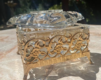 Vintage Ormolu Filigree Gold Gilt Bubble Glass Trinket Box | Victorian | Hollywood Regency | Rococo