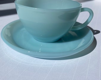 Vintage Turquois Blue Fire King Cup and Saucer set Anchor Hocking