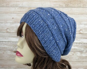 Blue Knitted slouchy hat, Womens Hipster Hats, Slouchy Beanie Winter Hat, Women Wool Boho Hat,