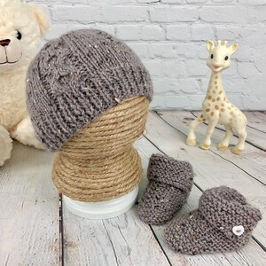 Pearl Gray Newborn Beanie Hat and Bootie set, Chunky Knit Baby Shower Gift