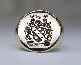 14k "Clark" Coat of Arms Ring, Family Crest, Shield, Lions, Geese, Heraldry, Men's Pinky Ring, Hera, Size 8.5+ (Size 8 1/2+), Estate, 10.47g