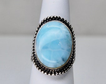 Vintage Sky Blue Dominican Larimar Cabochon Sterling Silver Ring, Foliate Piercework, Boho, Size 6, c. 1990s, 8.43g