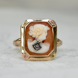 10k Edwardian Cameo Ring with Diamond, Habillé Style, Tri-Color, Rectangle, Flower, Conch Shell, Size 6.5 Size 6 1/2, c. 1910s, 2.40g image 1