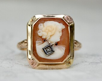 10k Edwardian Cameo Ring with Diamond, Habillé Style, Tri-Color, Rectangle, Flower, Conch Shell, Size 6.5 (Size 6 1/2), c. 1910s, 2.40g