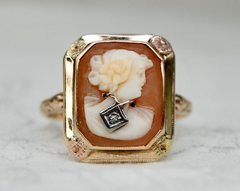 Anillo eduardiano de oro de 10 quilates con camafeo de diamantes: flor de caracola, talla 6,5, década de 1910 aproximadamente
