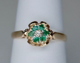 Genuine Emeralds and Diamond Star Flower Ring, 10K Yellow Gold, Basket, Crown, Dainty, Estate, Size 7, c. 1970s, 2.23g