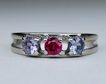 10k Ruby Pink and Lavender Amethyst Spinel 3 Stone Birthstone Family Ring, White Gold, Benchwork, Vintage, c1970s, Size 7 1/2+ (7.5+), 2.21g