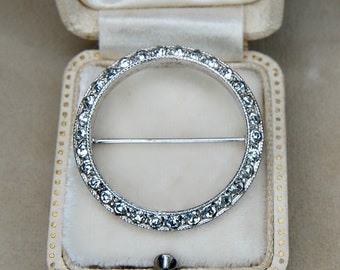 Vintage Retro Austrian Crystal Sterling Silver Circle Brooch, Rhodium Plated, by Otis, c. 1940s, 5.90g