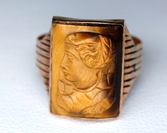 Victorian Tiger's Eye Carved Cameo Ring in 10k Rose Gold, Silky Brown, Woman Female Profile, Size 4.75 (Size 4 3/4), c. late 1800s, 3.08g