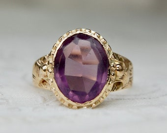 14k Etruscan Revival Amethyst Glass Solitaire Signet Ring, Size 9, c. 1800s, 4.80g