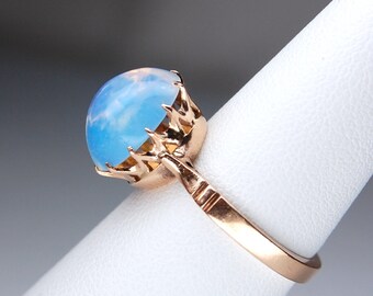 Jelly Opalite Cabochon Solitaire Ring, 14k Rose Gold, Victorian, Claw Set, Glass, 12x10mm, c. 1960's, Size 6.75 (Size 6 3/4), 3.48g