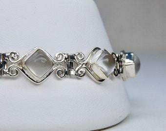 Moonstone Cabochon Hinged Link Bracelet in Sterling Silver, Sajen, Estate, 7 1/4-8" Adjustable, Size Med, Vintage, 18.19g
