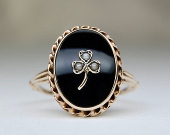 10k Clover Onyx Signet Ring, Luck, Seed Pearls, Large, Rosy Gold, Victorian, Antique, Size 10.25 (Size 10 1/4), c. 1890-1920s, 3.46g