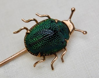 14k Antique Scarab Stick Pin, Egyptian Revival, Authentic Beetle, 14k Rosy Gold, Iridescent Green, Victorian, 3", c. 1880s, 1.97g