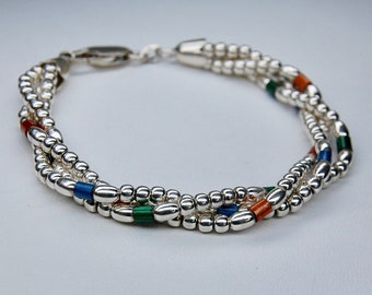 Sterling Silver & Art Glass Bead Rope Twist Bracelet, High End, Orange, Blue, Green, Lobster Claw Clasp, Floral Caps, Estate, 7 1/4", 16.67g