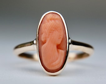 Antique Edwardian Coral Cameo Ring, 10k Rosy Gold, Woman, Peach Carved Portrait, Oblong, Bryant, c. 1900s, Size 5.75 (Size 5 3/4), 2.19g