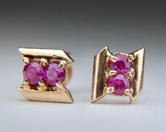 Geometric Created Ruby Earrings in 10K Gold, Screw Back Posts, Stud Earrings, Elegant, 1/4", Vintage, BDA, c. 1960s, 1.76g