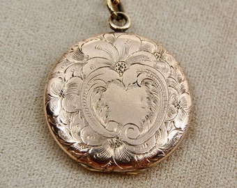 Fabulous Edwardian Era Floral Locket with Hand Chasing, Rosy Gold Filled, Monogrammed "MEH" by D&C, 20" GF Cable Chain, c. 1900s, 11.86g