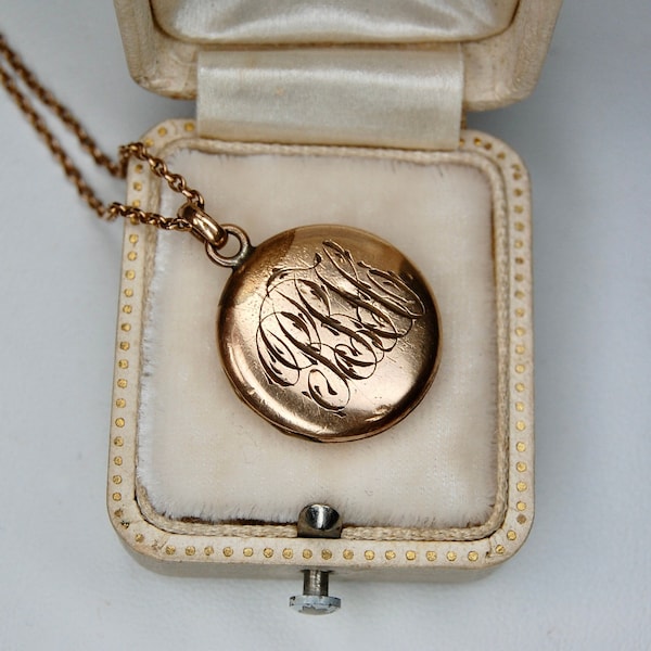 Antique Locket in 1/10 Rolled Gold, Rosy Gold, Monogrammed "RRH", Original 16" Cable 2mm Chain, Frames, c. 1800s, 8.41g