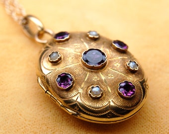 Antique 18k Rosy Gold Jeweled Floral Locket, Amethyst, Pearl, Flower, Glazed Glass Compartment, "B" or "R", Optional Chains, c. 1800s, 6.0g