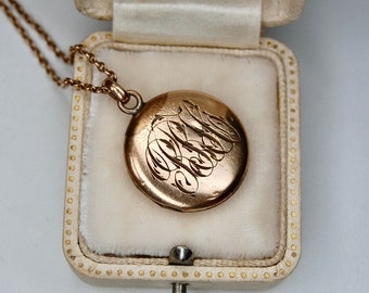 Antique Locket in 1/10 Rolled Gold, Rosy Gold, Monogrammed "RRH", Original 16" Cable 2mm Chain, Frames, c. 1800s, 8.41g