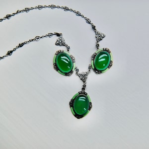 Rare Chrysoprase Marcasite Green Enamel Floral Lavaliere Necklace, Heart and Bar Links in Sterling Silver, German, c. 1920's, 15.0g