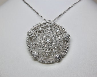 Edwardian Style Diamond and Platinum Floral Round Pendant Brooch, Large, New 20" 14k White Gold Belcher Chain, Fine Jewelry, Estate, 20.48g