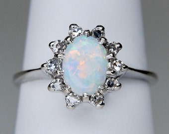 Vibrant Opal and Diamond Halo Ring in 14k White Gold, Floral, Basket Setting, Vintage, Size 8.25 (Size 8 1/4), c. 1973, 3.49g
