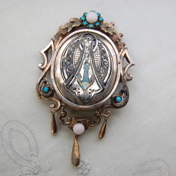 Turquoise and Angel Skin Coral Mourning Brooch Locket, Enamel Anchor, Gold Gilt on Silver, Glass, Enamel, Victorian Antique, c.1800s, 12.97g