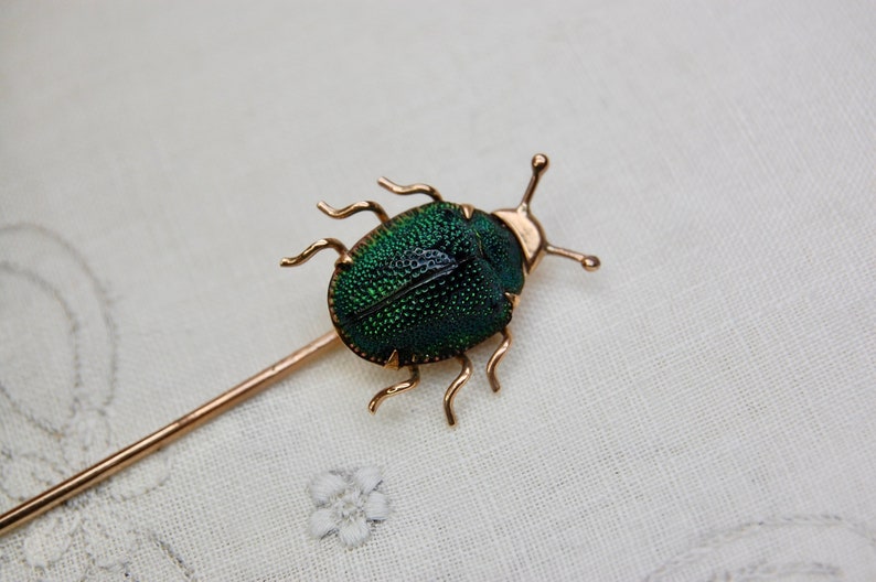 14k Antique Scarab Stick Pin, Egyptian Revival, Authentic Beetle, 14k Rosy Gold, Iridescent Green, Victorian, 3, c. 1880s, 1.97g image 1