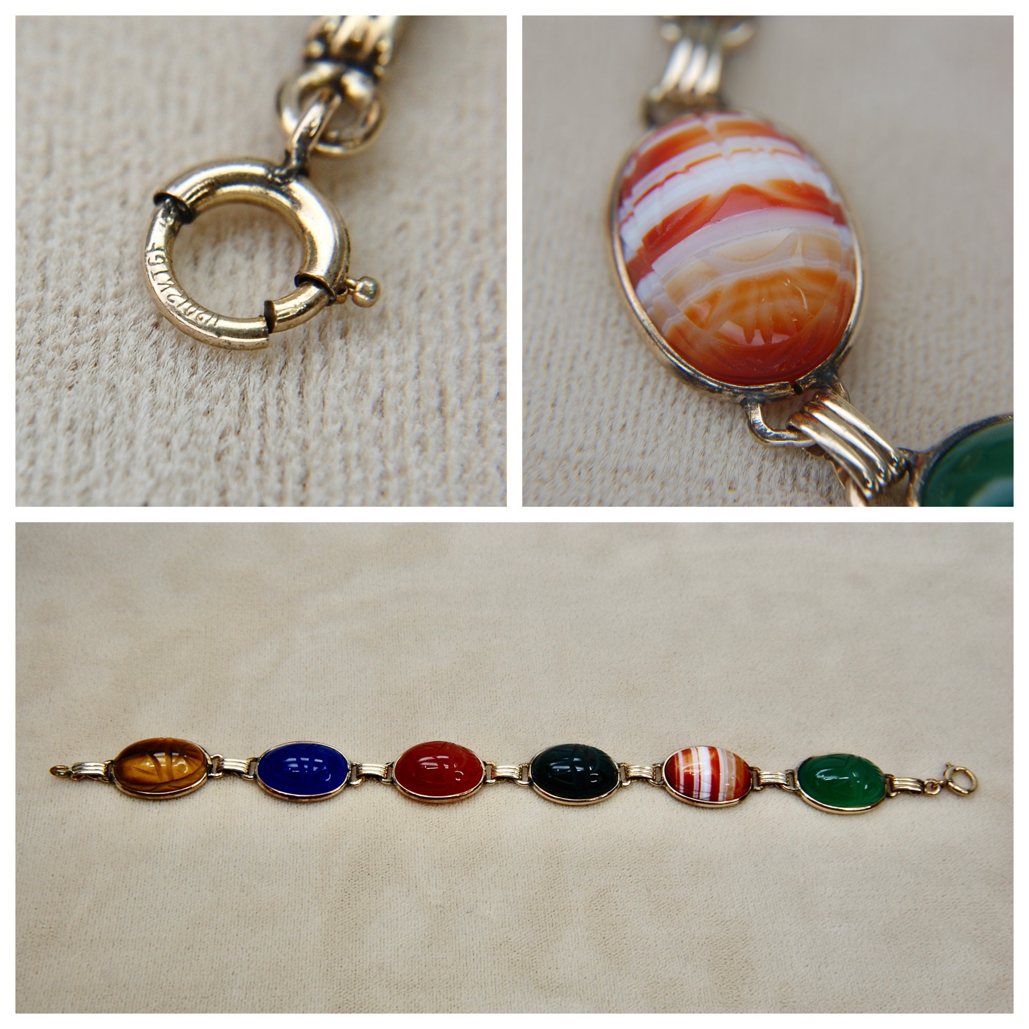 Retro Scarab Gemstone Link Bracelet, Egyptian, Bloodstone
