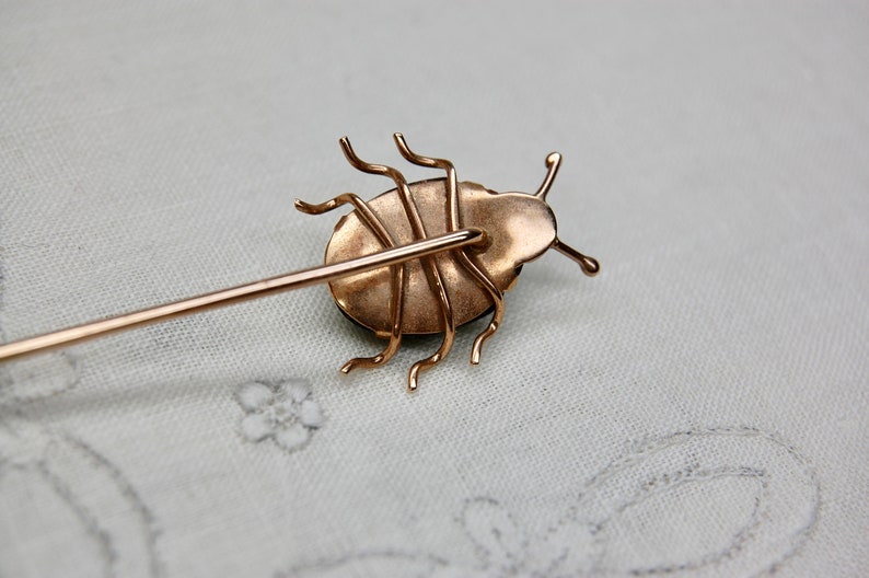 14k Antique Scarab Stick Pin, Egyptian Revival, Authentic Beetle, 14k Rosy Gold, Iridescent Green, Victorian, 3, c. 1880s, 1.97g image 8