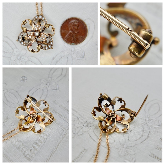 14k Art Nouveau Seed Pearl Pendant Brooch in 14k … - image 10