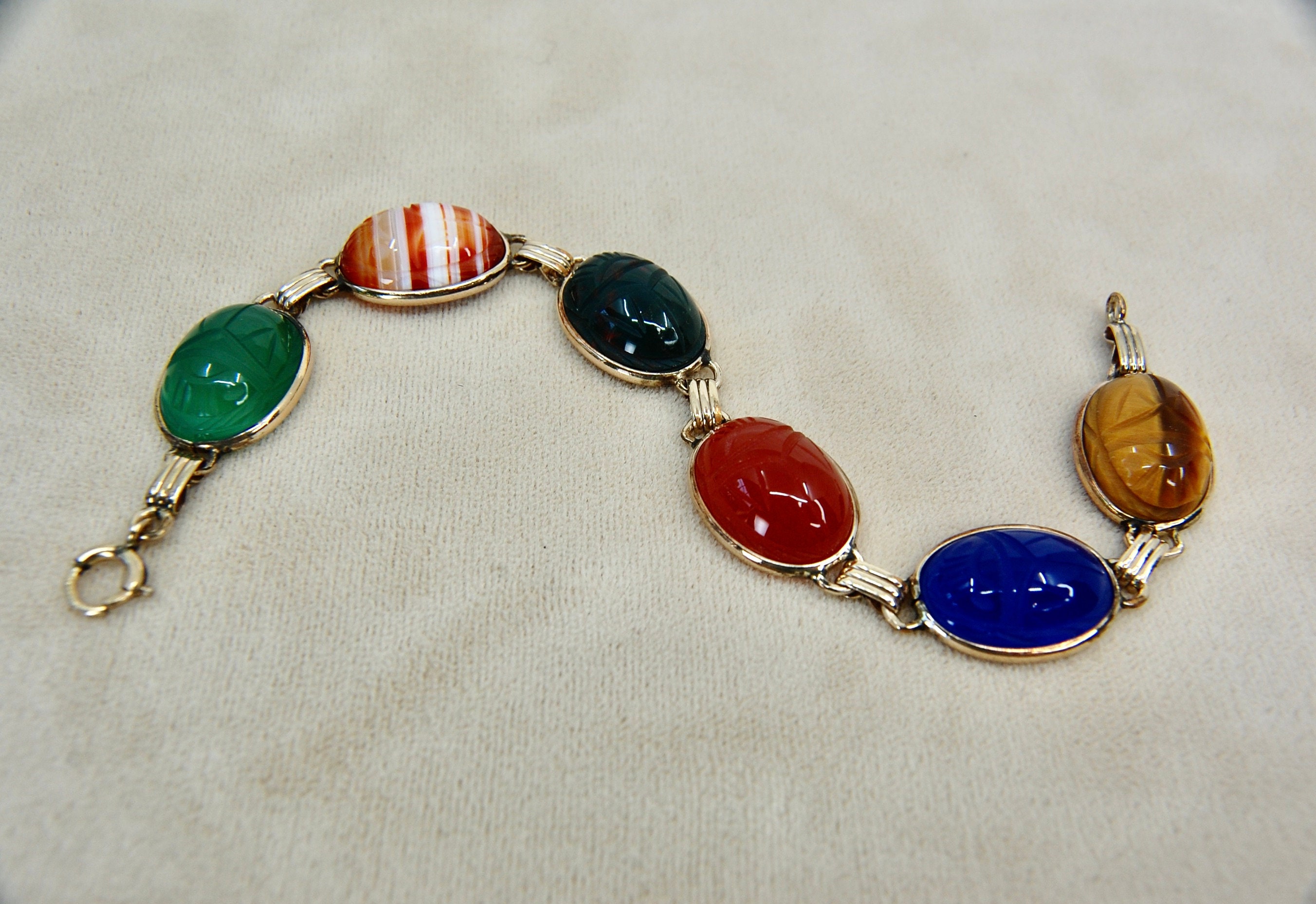 Retro Scarab Gemstone Link Bracelet, Egyptian, Bloodstone