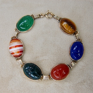 Vintage Gold Filled Scarab Bracelet: Egyptian Gemstone Link, 7.25&quot;