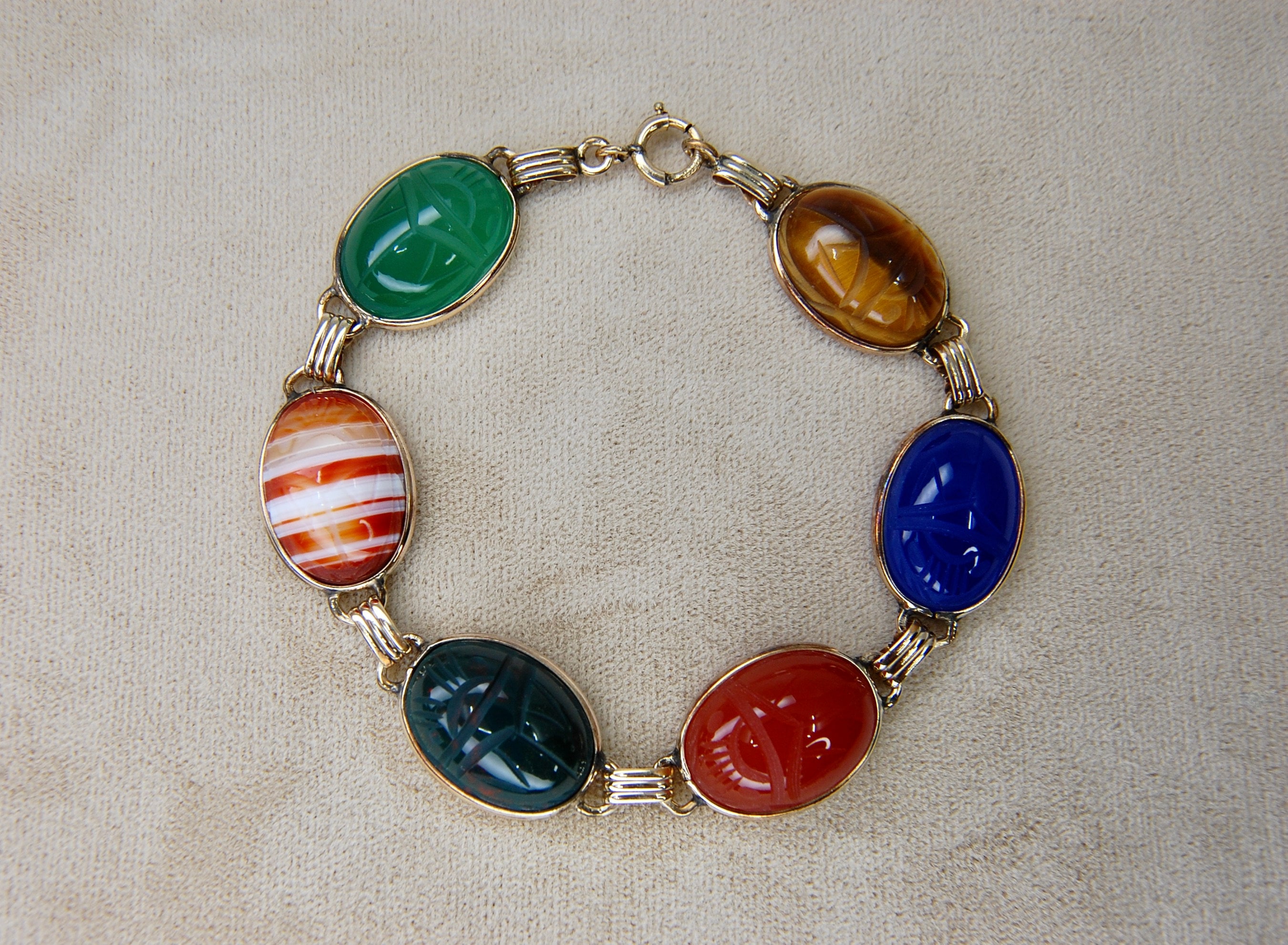Retro Scarab Gemstone Link Bracelet, Egyptian, Bloodstone