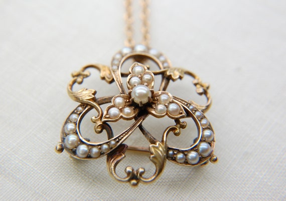 14k Art Nouveau Seed Pearl Pendant Brooch in 14k … - image 7