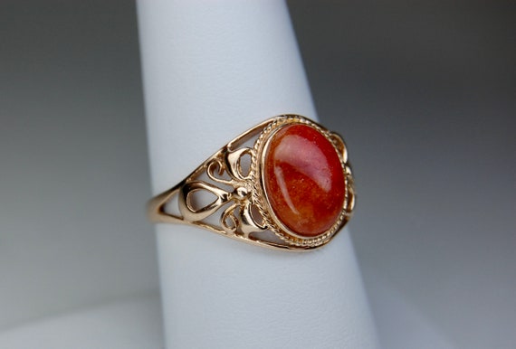 10k Orange Jade Bow Motif Ring, Filigree, Cabocho… - image 3