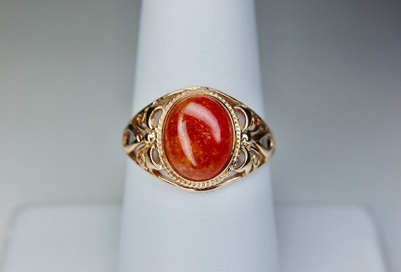 10k Orange Jade Bow Motif Ring, Filigree, Cabocho… - image 4