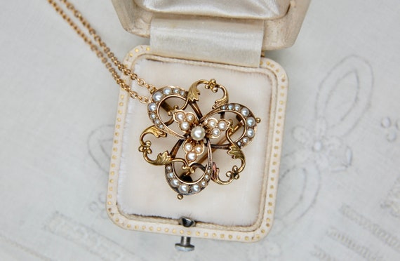 14k Art Nouveau Seed Pearl Pendant Brooch in 14k … - image 4