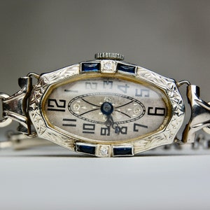 14K Art Deco Sapphire and Diamond Watch, White Gold Case, 800 Sterling Silver Band, Swiss, Goering, 15 Jewels, Working, 7", c 1920s, 14.20g