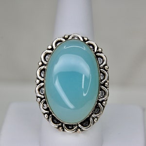 Luminous Aqua Blue Chalcedony Artisan Ring in Sterling Silver, Boho, Vintage, Size 9.25 Size 9 1/4, c. 1970s, 13.82g image 1