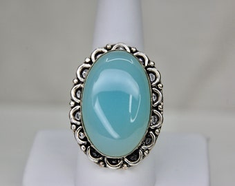 Luminous Aqua Blue Chalcedony Artisan Ring in Sterling Silver, Boho, Vintage, Size 9.25 (Size 9 1/4), c. 1970s, 13.82g