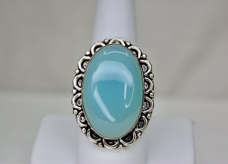 Luminous Aqua Blue Chalcedony Artisan Ring in Sterling Silver, Boho, Vintage, Size 9.25 Size 9 1/4, c. 1970s, 13.82g image 1