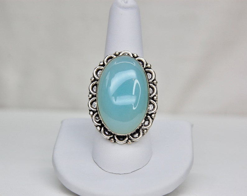 Luminous Aqua Blue Chalcedony Artisan Ring in Sterling Silver, Boho, Vintage, Size 9.25 Size 9 1/4, c. 1970s, 13.82g image 7