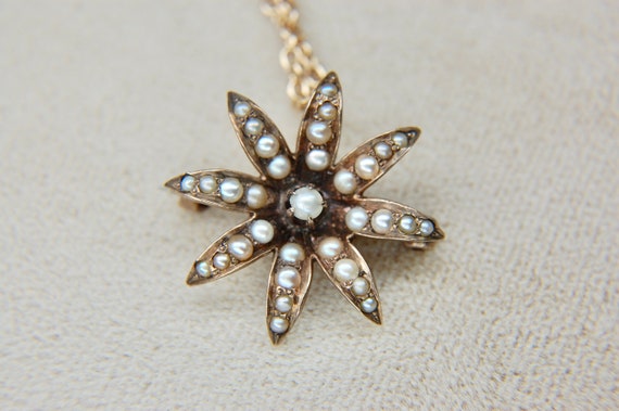 10k Victorian Era Starburst Seed Pearl Pendant Br… - image 8