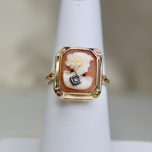 10k Edwardian Cameo Ring with Diamond, Habillé Style, Tri-Color, Rectangle, Flower, Conch Shell, Size 6.5 Size 6 1/2, c. 1910s, 2.40g image 4
