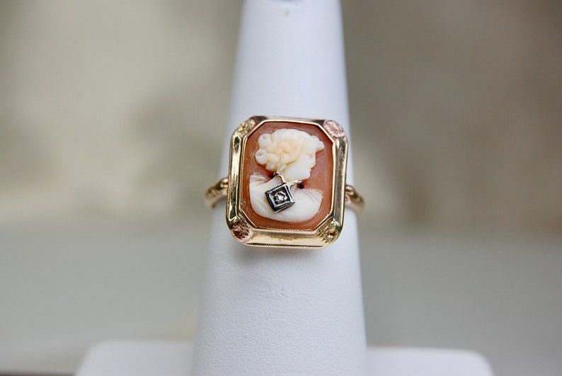 10k Edwardian Cameo Ring with Diamond, Habillé Style, Tri-Color, Rectangle, Flower, Conch Shell, Size 6.5 Size 6 1/2, c. 1910s, 2.40g image 4